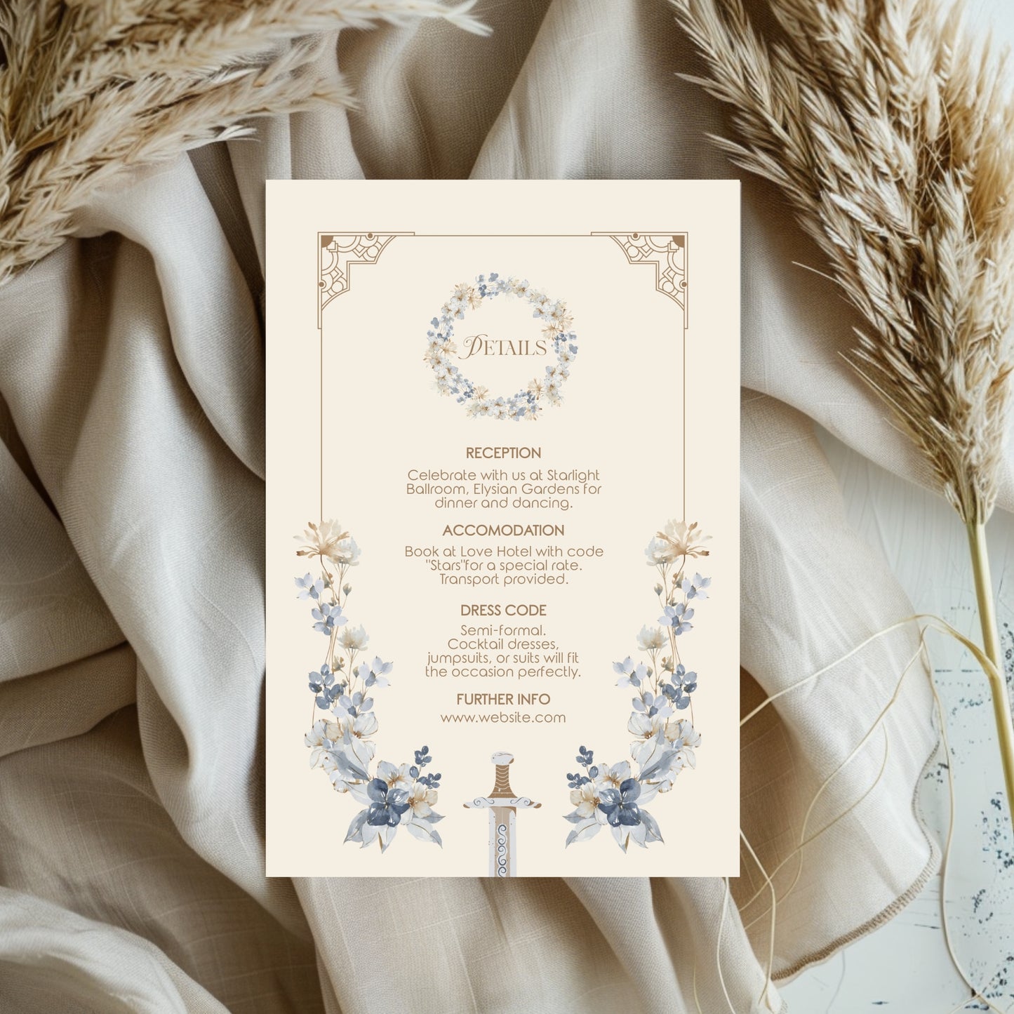 Blue Floral Sword Wedding Invitation Set - With Invite, Details & RSVP Card