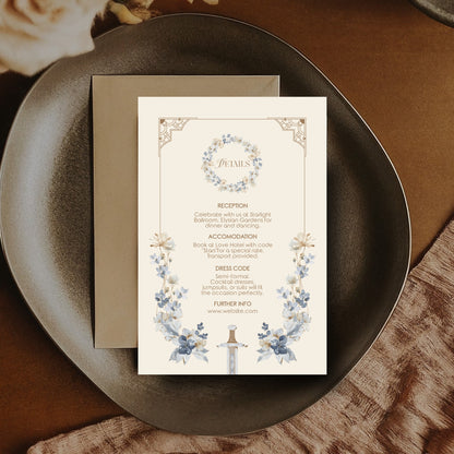 Blue Floral Sword Wedding Invitation Set - With Invite, Details & RSVP Card