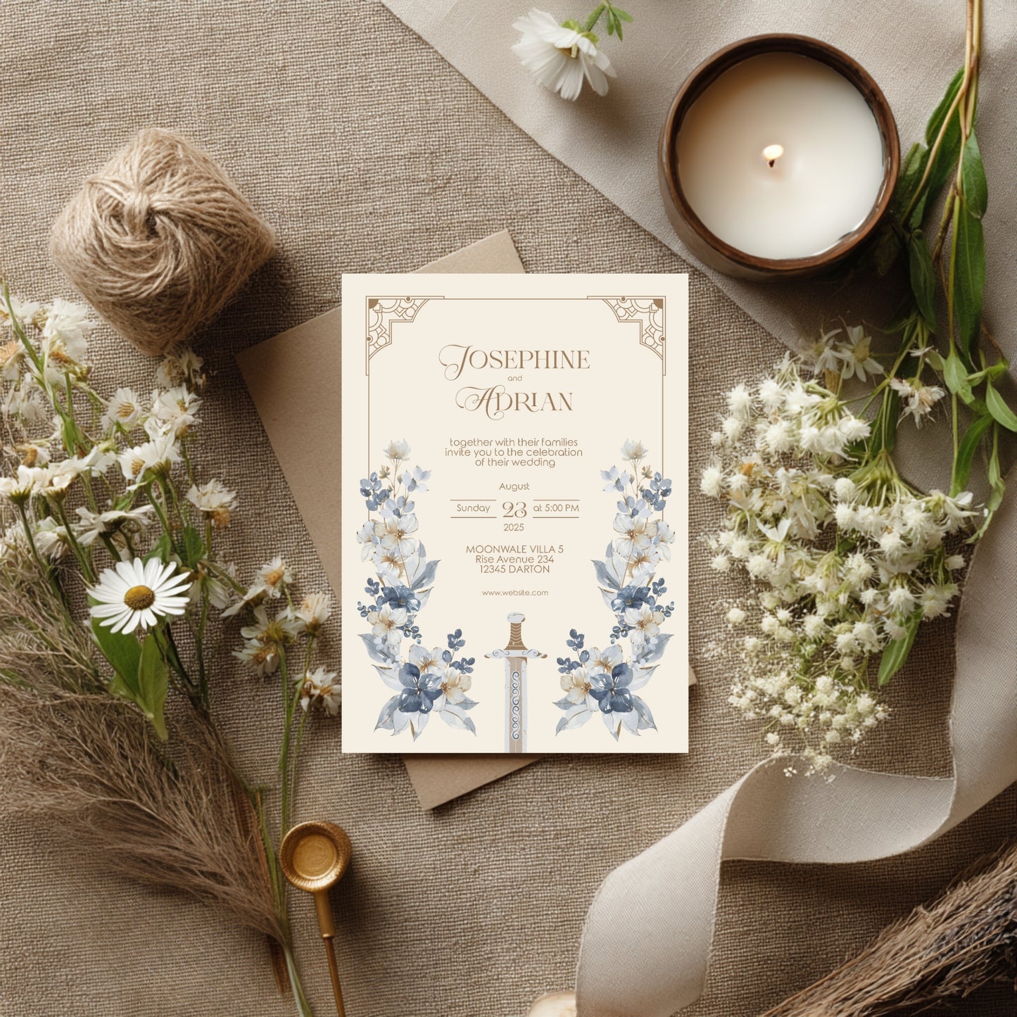 Blue Floral Sword Wedding Invitation Set - With Invite, Details & RSVP Card