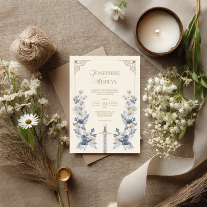 Blue Floral Sword Wedding Invitation Set - With Invite, Details & RSVP Card