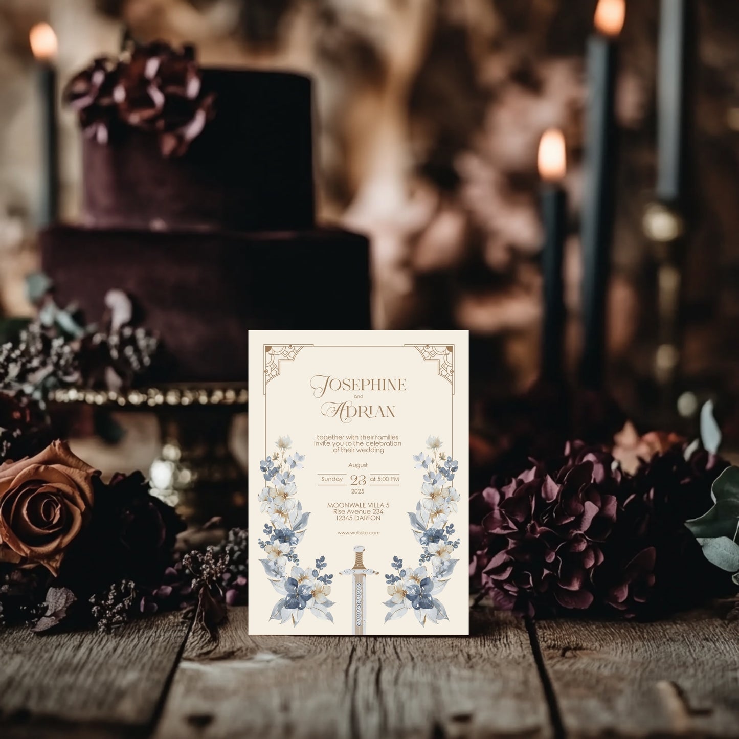 Blue Floral Sword Wedding Invitation Set - With Invite, Details & RSVP Card