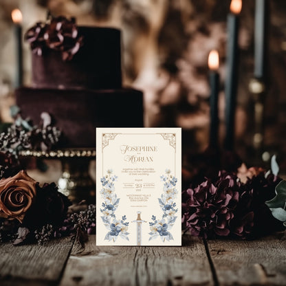 Blue Floral Sword Wedding Invitation Set - With Invite, Details & RSVP Card