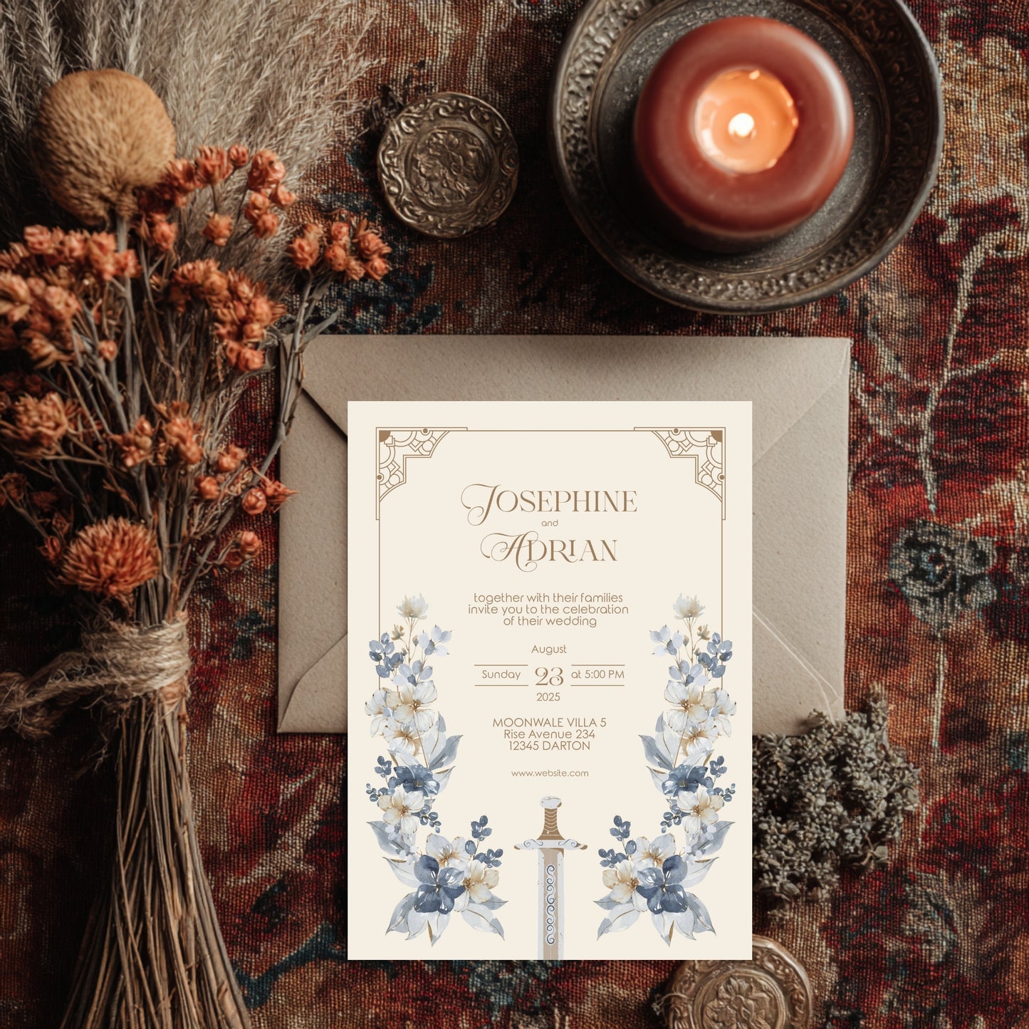Blue Floral Sword Wedding Invitation Set - With Invite, Details & RSVP Card