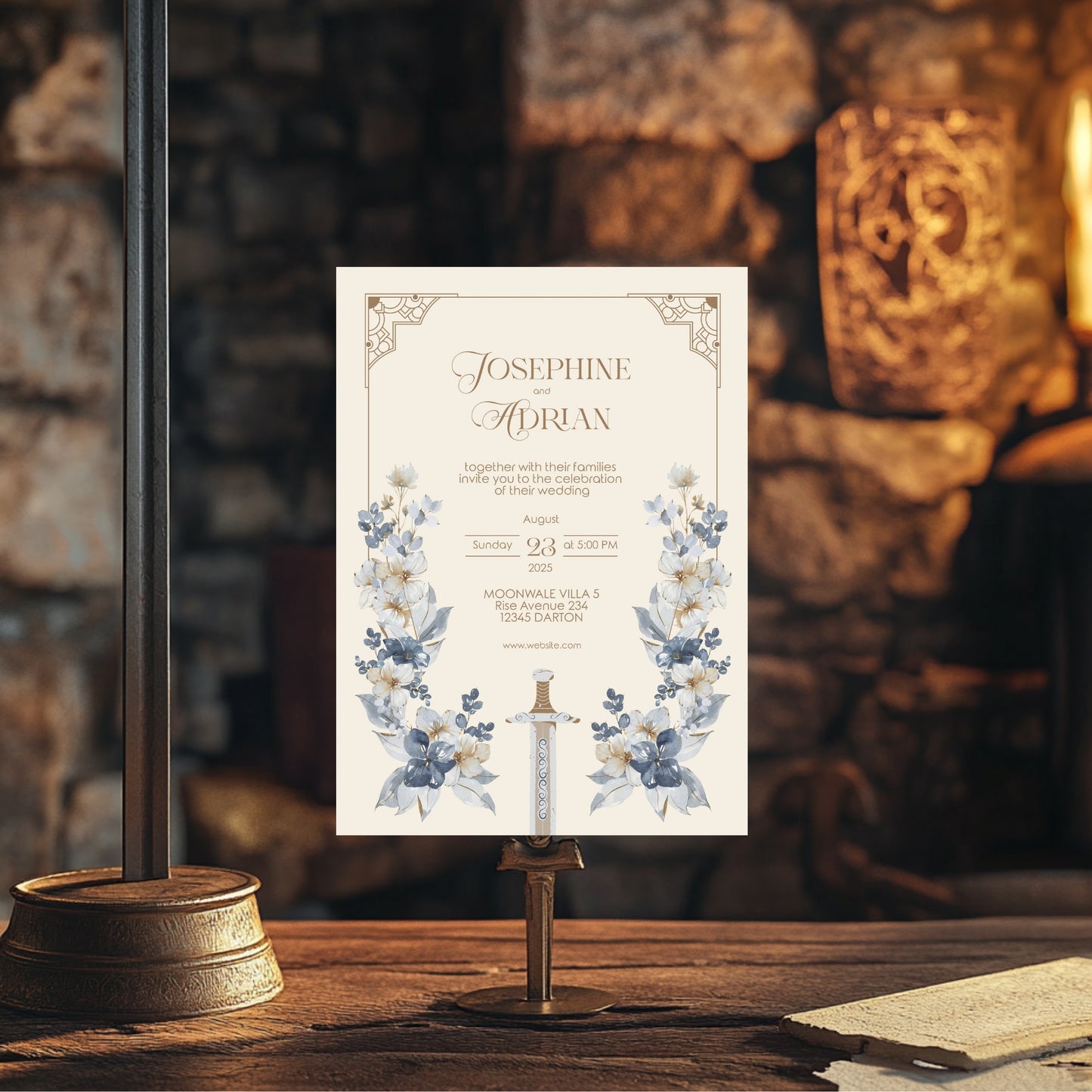 Blue Floral Sword Wedding Invitation Set - With Invite, Details & RSVP Card