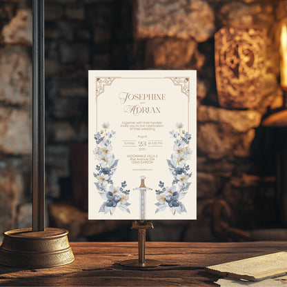 Blue Floral Sword Wedding Invitation Set - With Invite, Details & RSVP Card