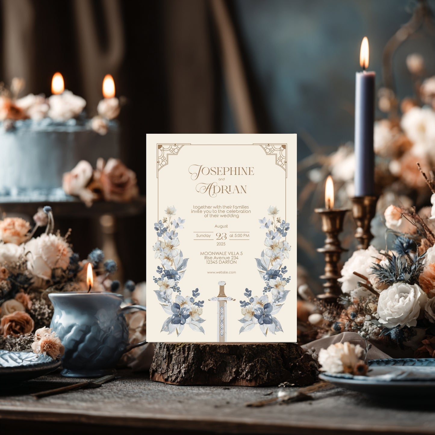 Blue Floral Sword Wedding Invitation Set - With Invite, Details & RSVP Card