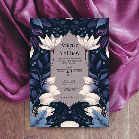 Dark Botanical Art Nouveau Wedding Invitation with Lilies