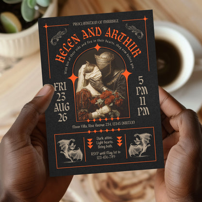 modern brutalism styled Gothic-themed wedding invitation held by a hand with a blurred background