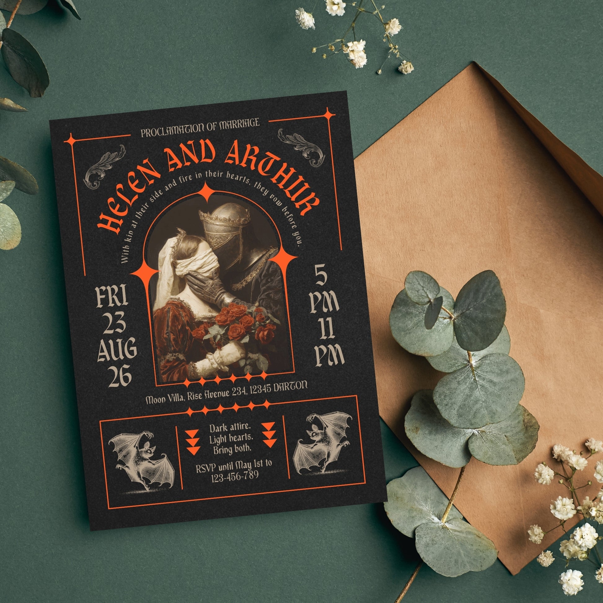 Vintage-style gothic wedding invitation with decorative brutalism elements on a green background