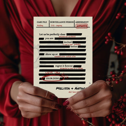 Spy Thriller Save the Date Template  – Secret Wedding Mission Document File, Mystery Humor Wedding