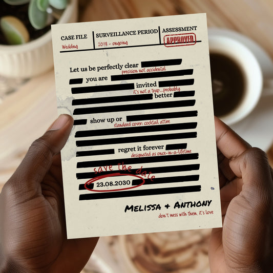 Spy Thriller Save the Date Template  – Secret Wedding Mission Document File, Mystery Humor Wedding