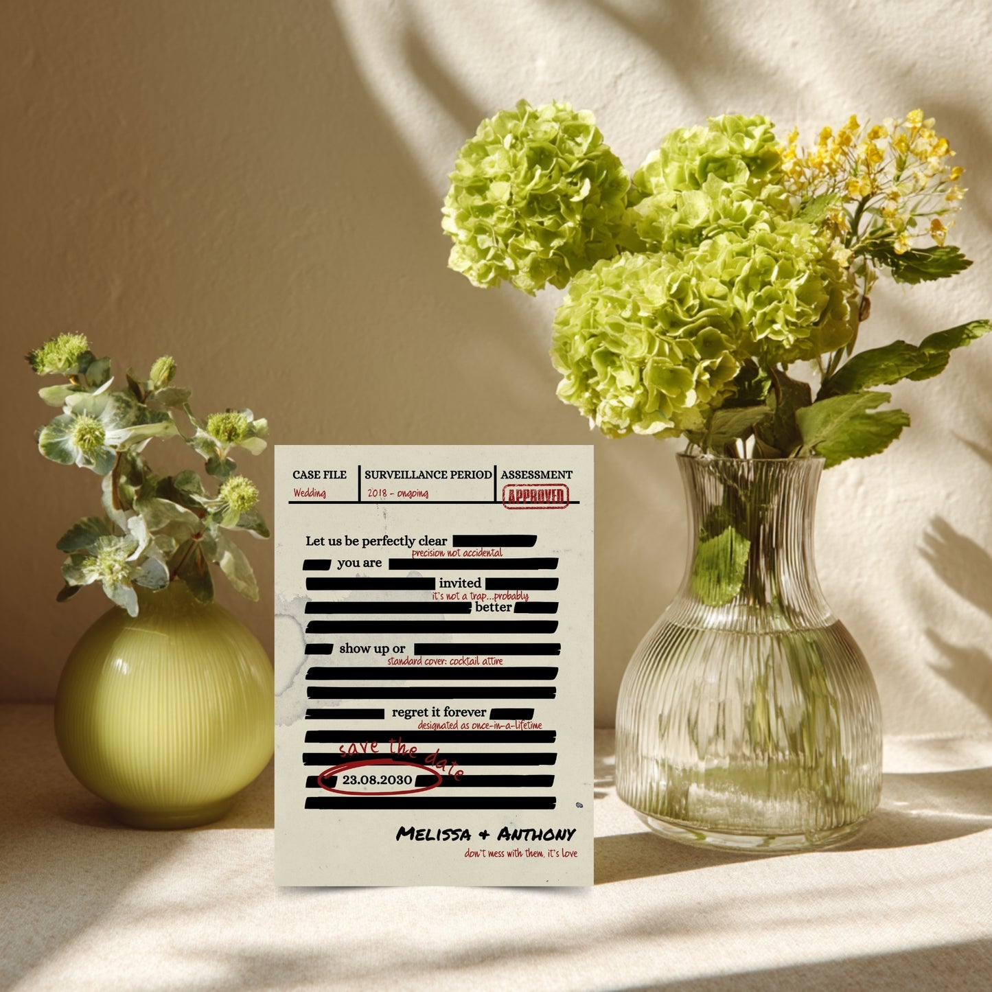 Spy Thriller Save the Date Template  – Secret Wedding Mission Document File, Mystery Humor Wedding