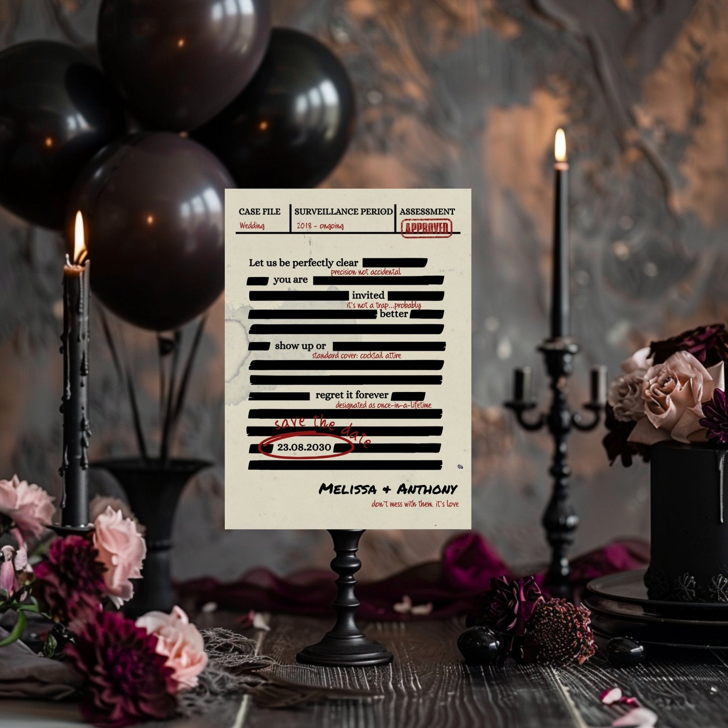 Spy Thriller Save the Date Template  – Secret Wedding Mission Document File, Mystery Humor Wedding