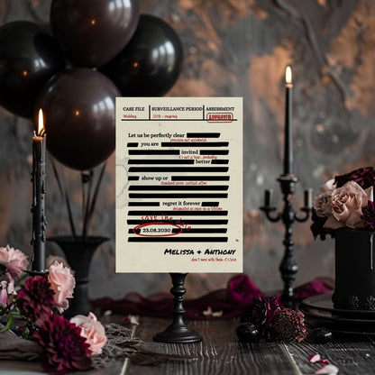 Spy Thriller Save the Date Template  – Secret Wedding Mission Document File, Mystery Humor Wedding