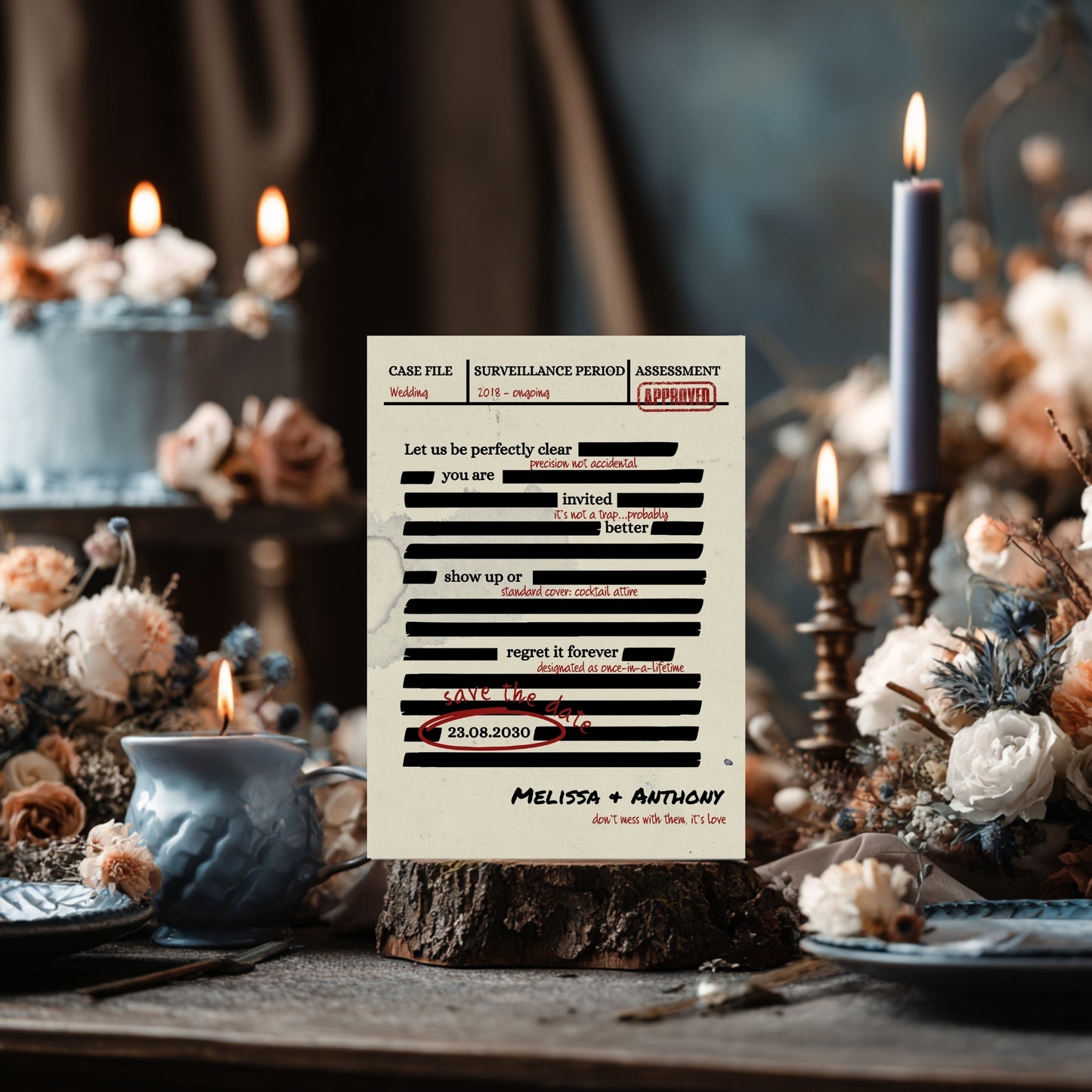 Spy Thriller Save the Date Template  – Secret Wedding Mission Document File, Mystery Humor Wedding