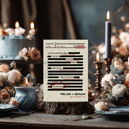 Spy Thriller Save the Date Template  – Secret Wedding Mission Document File, Mystery Humor Wedding