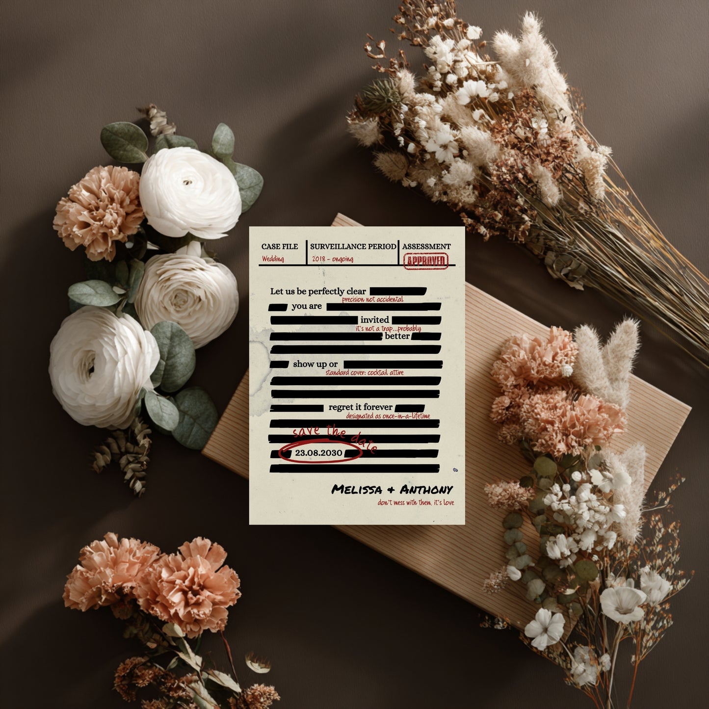 Spy Thriller Save the Date Template  – Secret Wedding Mission Document File, Mystery Humor Wedding