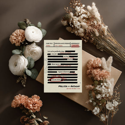 Spy Thriller Save the Date Template  – Secret Wedding Mission Document File, Mystery Humor Wedding