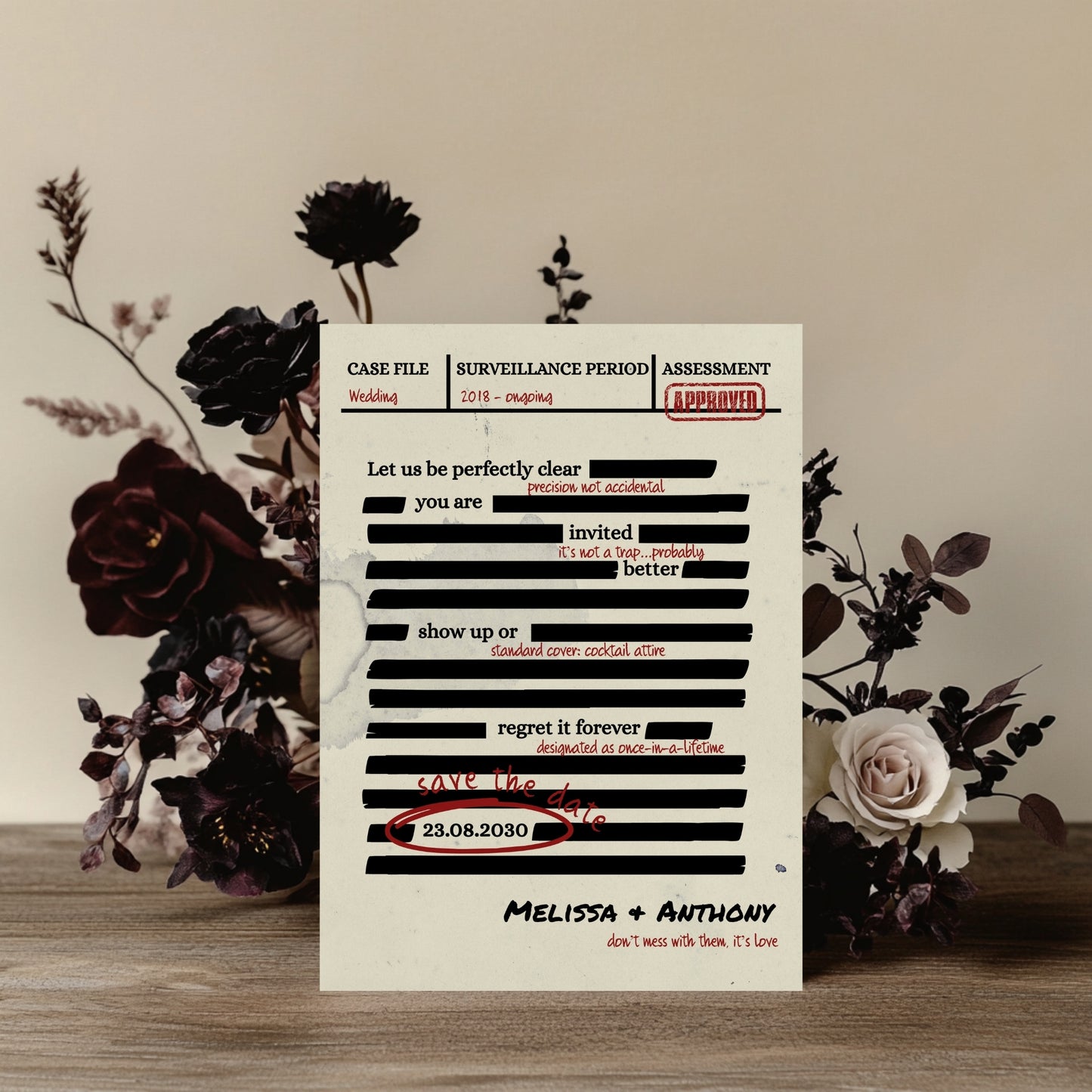 Spy Thriller Save the Date Template  – Secret Wedding Mission Document File, Mystery Humor Wedding