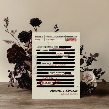 Spy Thriller Save the Date Template  – Secret Wedding Mission Document File, Mystery Humor Wedding