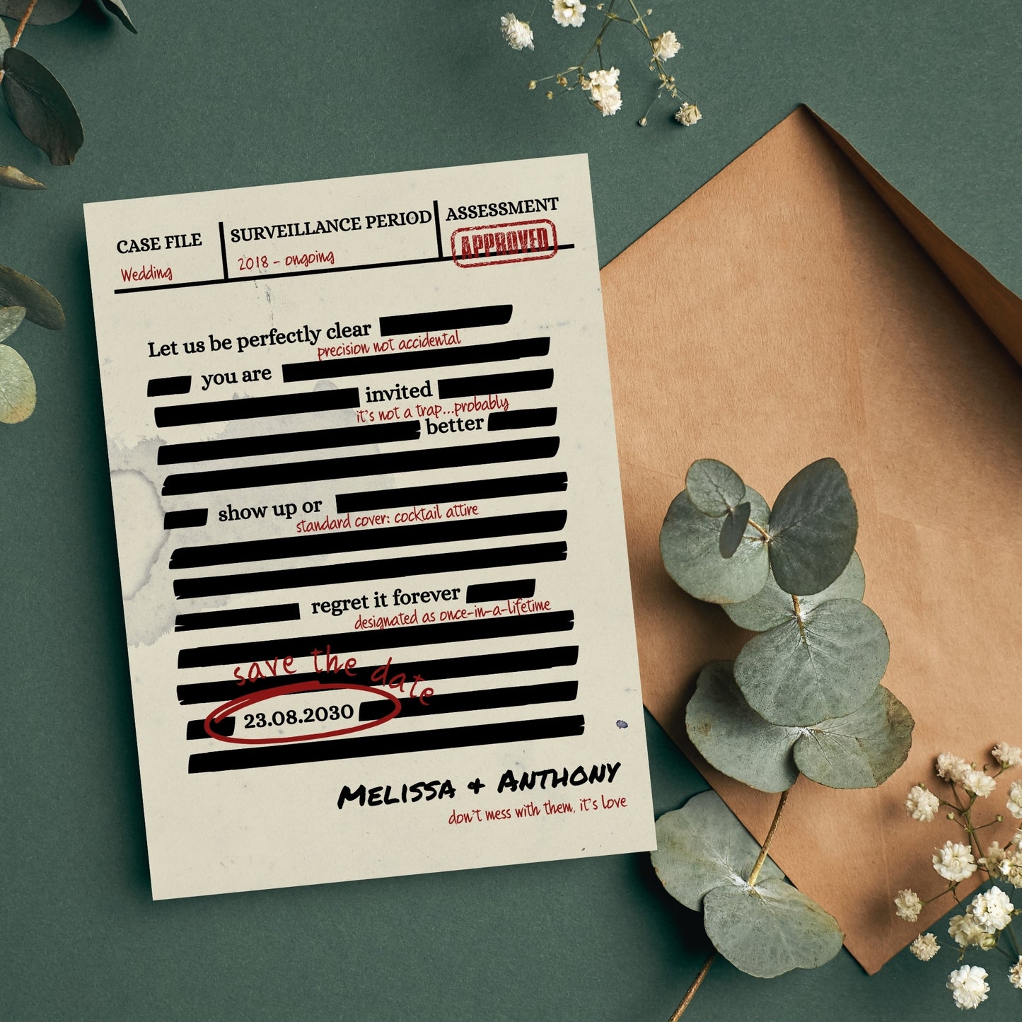 Spy Thriller Save the Date Template  – Secret Wedding Mission Document File, Mystery Humor Wedding