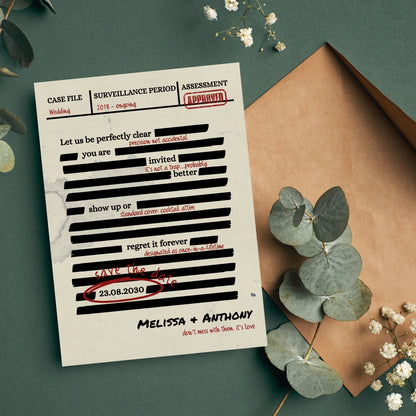 Spy Thriller Save the Date Template  – Secret Wedding Mission Document File, Mystery Humor Wedding