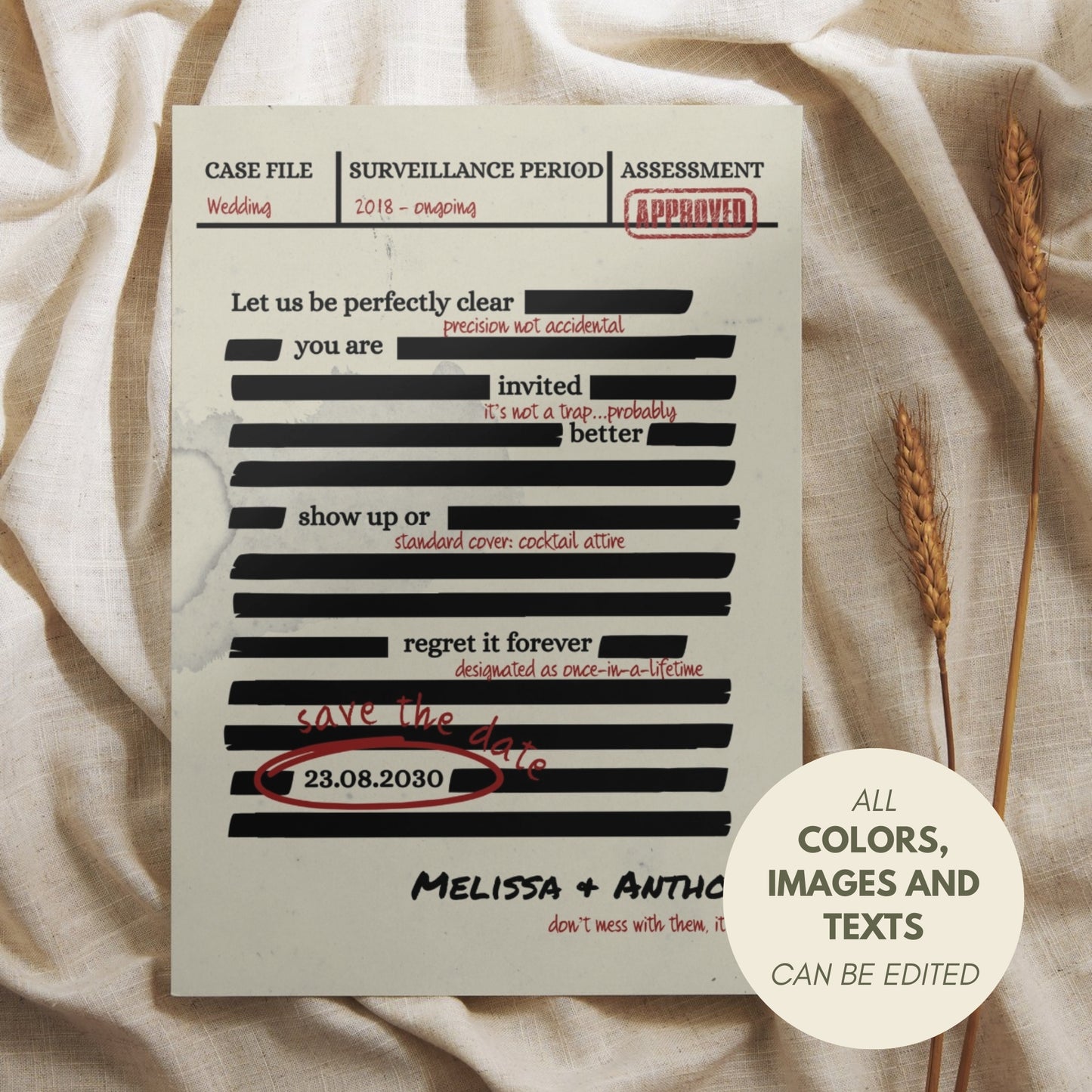 Spy Thriller Save the Date Template  – Secret Wedding Mission Document File, Mystery Humor Wedding