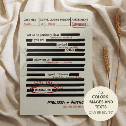 Spy Thriller Save the Date Template  – Secret Wedding Mission Document File, Mystery Humor Wedding