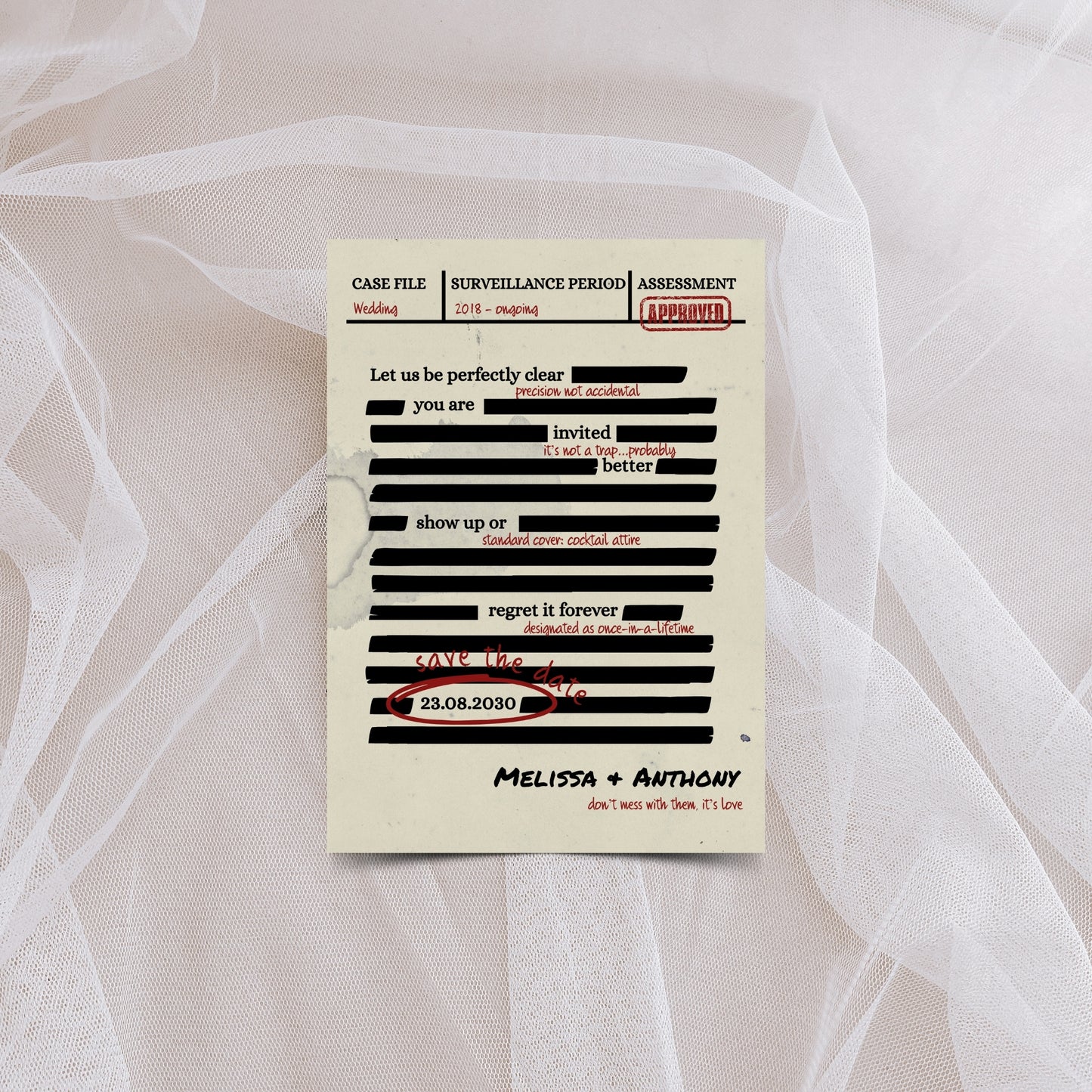 Spy Thriller Save the Date Template  – Secret Wedding Mission Document File, Mystery Humor Wedding