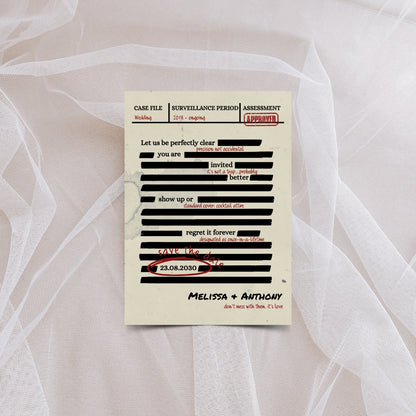 Spy Thriller Save the Date Template  – Secret Wedding Mission Document File, Mystery Humor Wedding