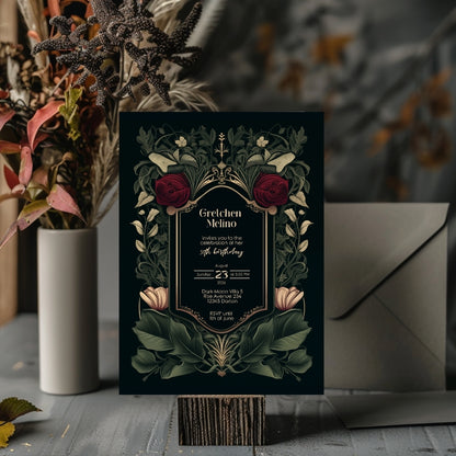 Gothic Red Rose Elegance Birthday Invitation