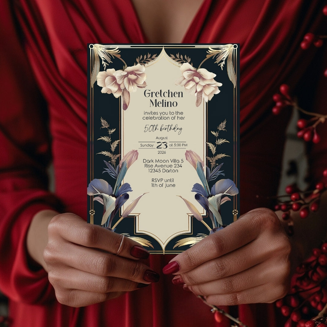 Luxurious Vintage Royal Birthday Invitation - Elegant Dark Navy and Gold Design with Floral Accents