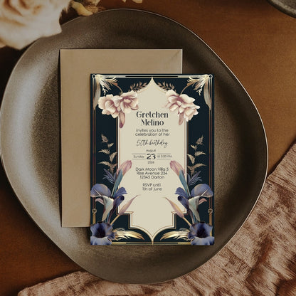 Luxurious Vintage Royal Birthday Invitation - Elegant Dark Navy and Gold Design with Floral Accents