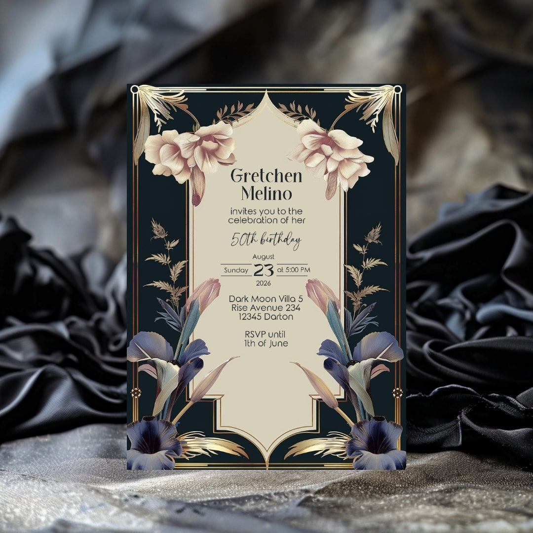 Luxurious Vintage Royal Birthday Invitation - Elegant Dark Navy and Gold Design with Floral Accents