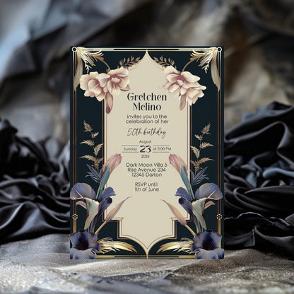 Luxurious Vintage Royal Birthday Invitation - Elegant Dark Navy and Gold Design with Floral Accents