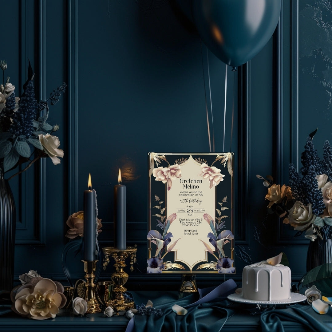 Luxurious Vintage Royal Birthday Invitation - Elegant Dark Navy and Gold Design with Floral Accents