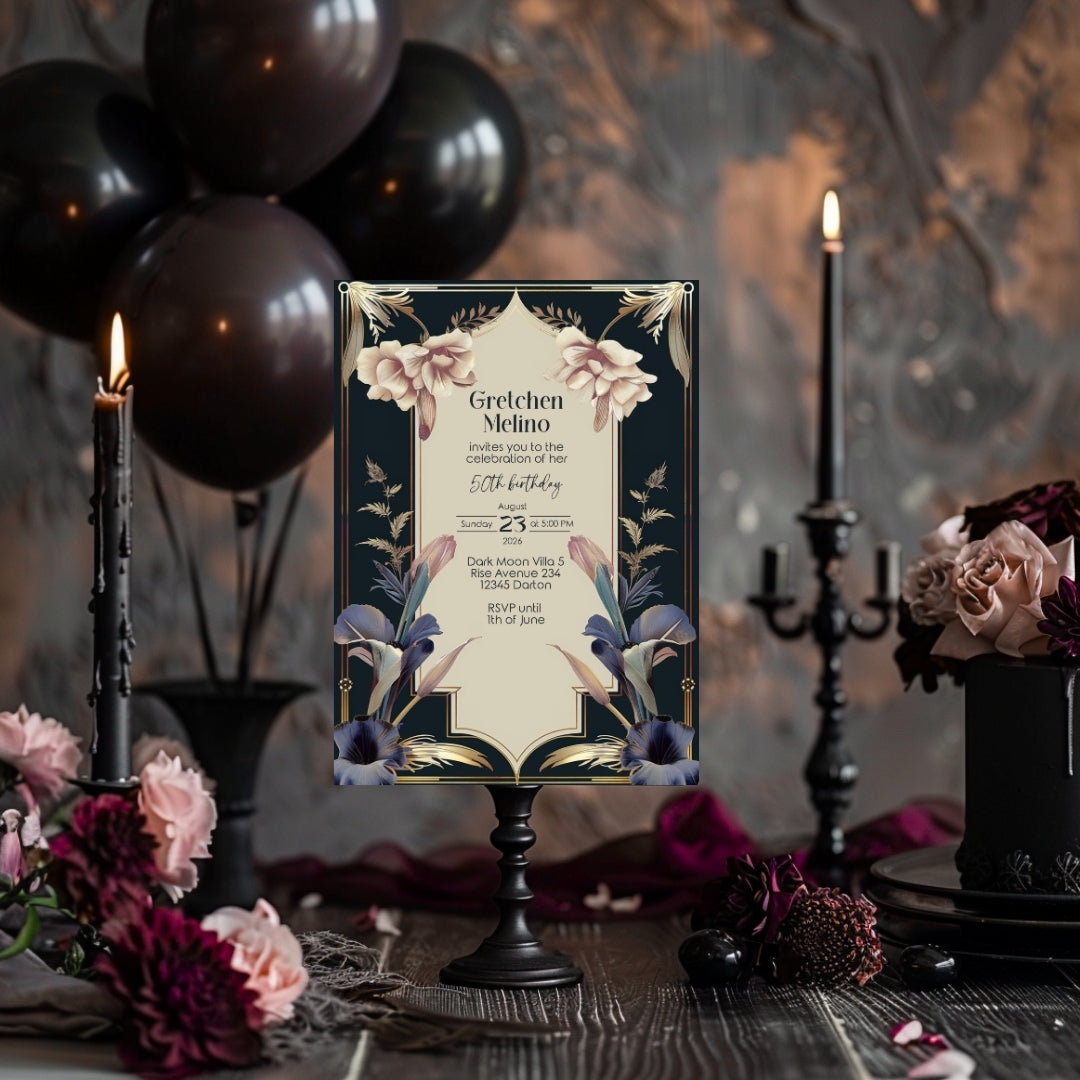 Luxurious Vintage Royal Birthday Invitation - Elegant Dark Navy and Gold Design with Floral Accents