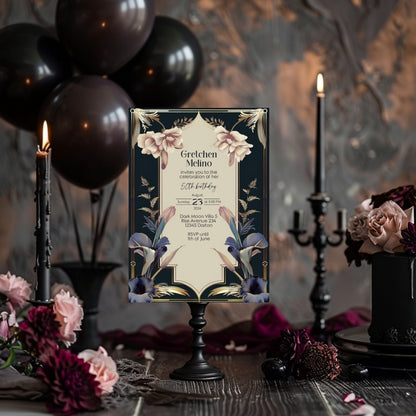 Luxurious Vintage Royal Birthday Invitation - Elegant Dark Navy and Gold Design with Floral Accents
