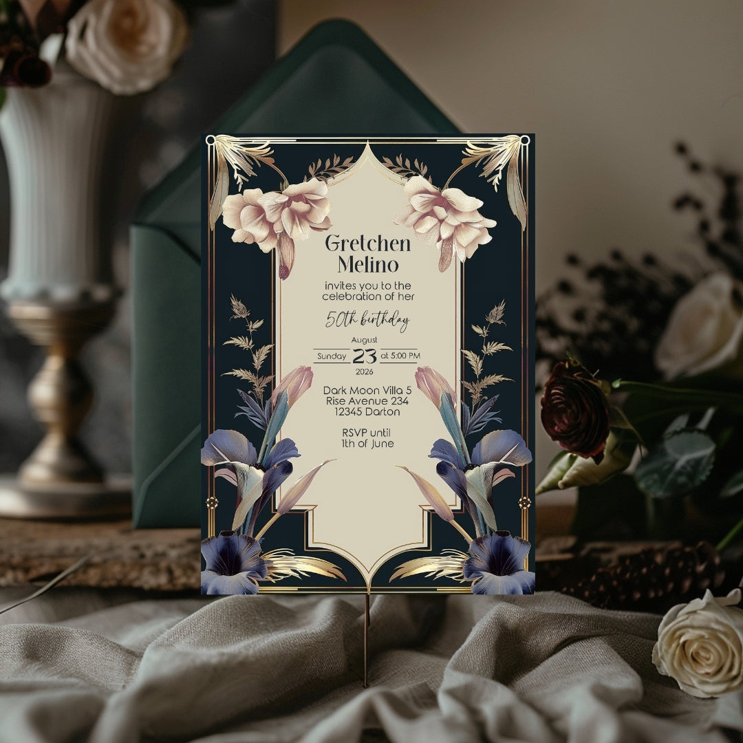 Luxurious Vintage Royal Birthday Invitation - Elegant Dark Navy and Gold Design with Floral Accents