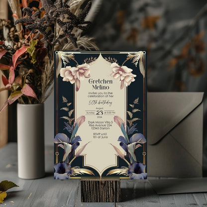 Luxurious Vintage Royal Birthday Invitation - Elegant Dark Navy and Gold Design with Floral Accents