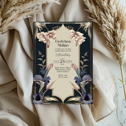 Luxurious Vintage Royal Birthday Invitation - Elegant Dark Navy and Gold Design with Floral Accents