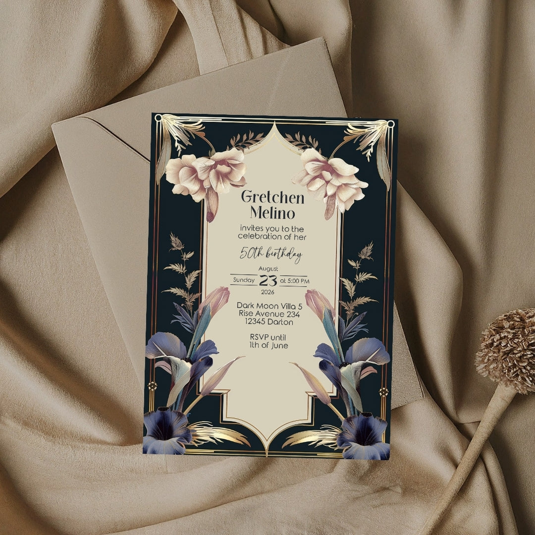 Luxurious Vintage Royal Birthday Invitation - Elegant Dark Navy and Gold Design with Floral Accents