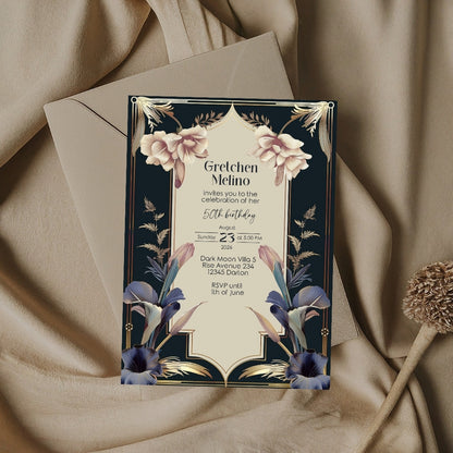 Luxurious Vintage Royal Birthday Invitation - Elegant Dark Navy and Gold Design with Floral Accents