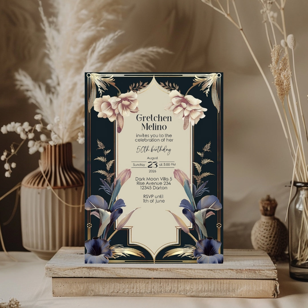 Luxurious Vintage Royal Birthday Invitation - Elegant Dark Navy and Gold Design with Floral Accents