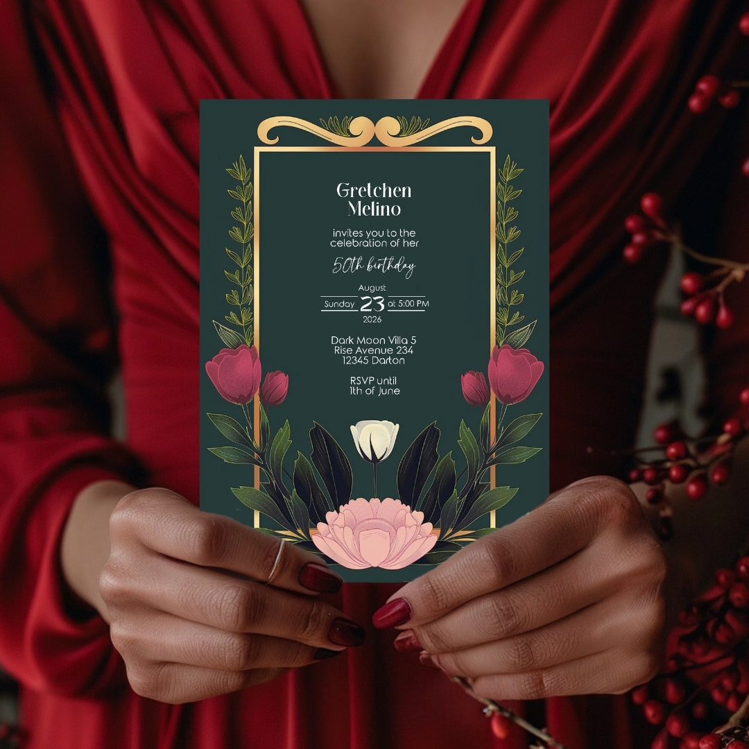 Elegant Modern Botanical Birthday Invitation - Luxurious Dark Green Design with Floral Accents