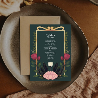 Elegant Modern Botanical Birthday Invitation - Luxurious Dark Green Design with Floral Accents