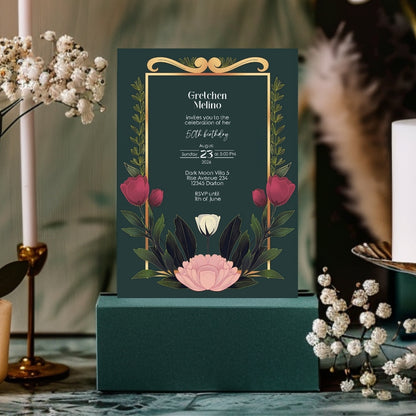 Elegant Modern Botanical Birthday Invitation - Luxurious Dark Green Design with Floral Accents
