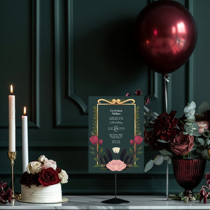 Elegant Modern Botanical Birthday Invitation - Luxurious Dark Green Design with Floral Accents
