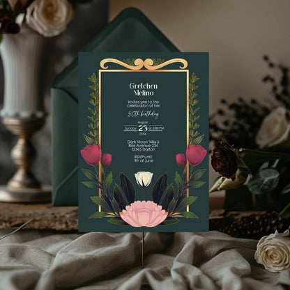 Elegant Modern Botanical Birthday Invitation - Luxurious Dark Green Design with Floral Accents
