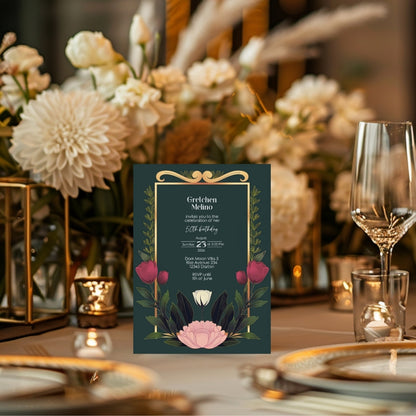 Elegant Modern Botanical Birthday Invitation - Luxurious Dark Green Design with Floral Accents